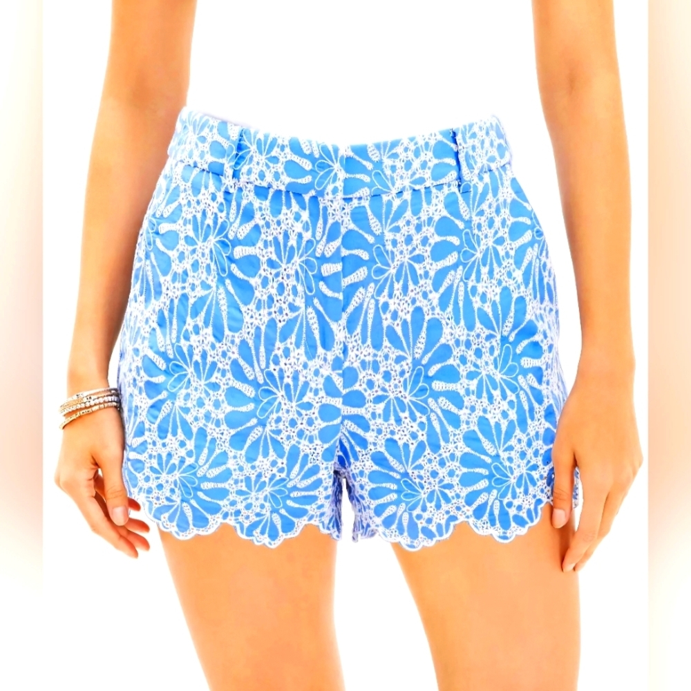 LOFT Blue and White High Waist Shorts with Floral Lace..SIZE:4
